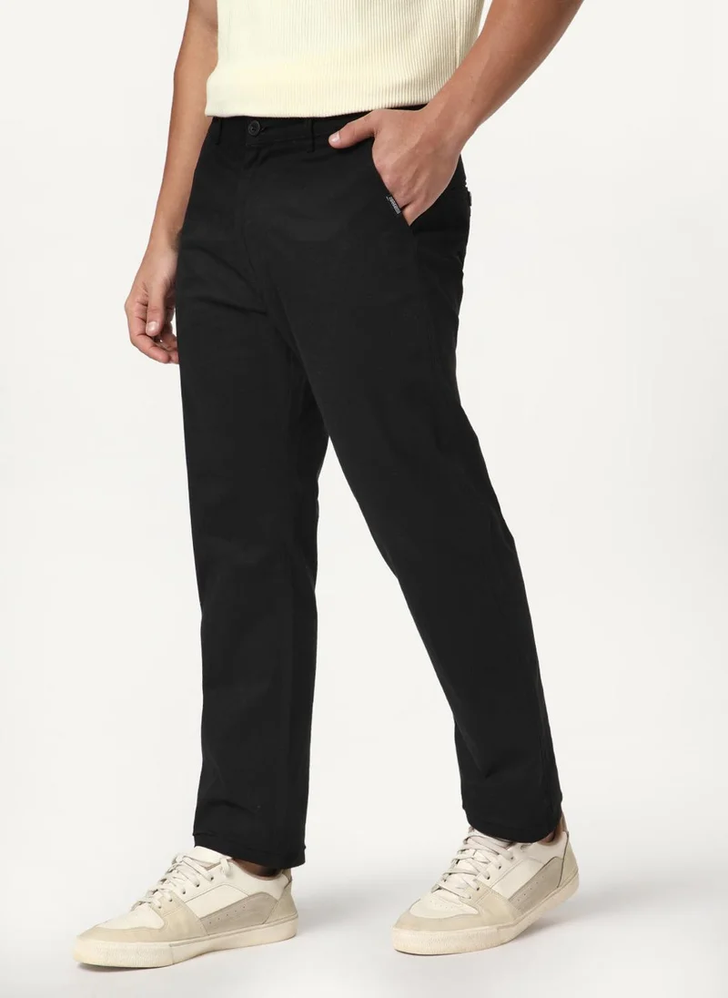 أوربانو فاشن Urbano Fashion Men's Black Straight Fit Mid Rise Cotton Casual Chinos Trousers Stretch